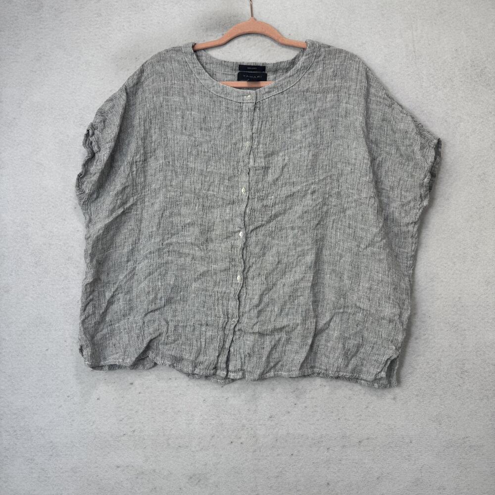 Tahari Blouse Womens Medium Gray 100% Linen Button Front Dolman Top Short Sleeve